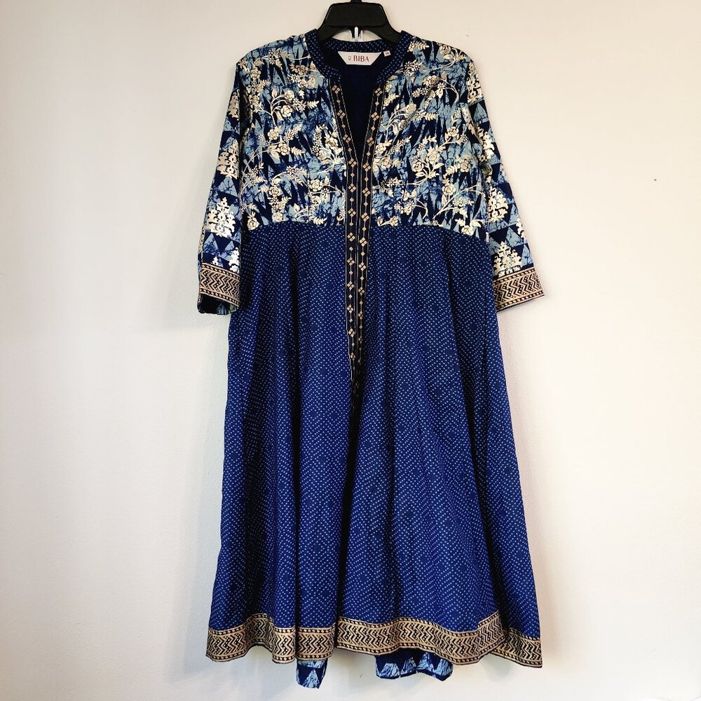 BIBA Kurta Tunic Maxi Dress Women Sz 38 Blue Gold Floral Print V Neck Lined